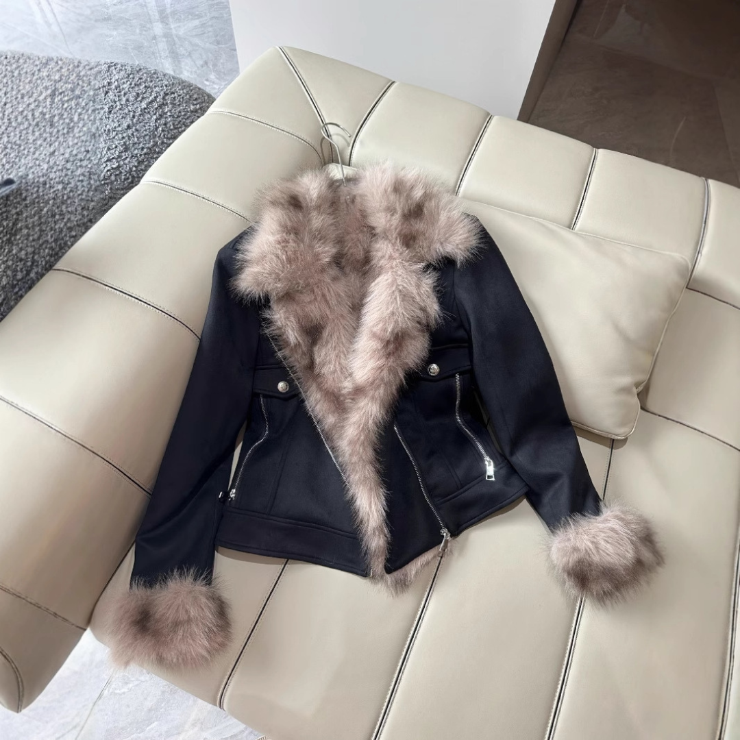 Winter Jacket Black Fur Motorcycle Warm