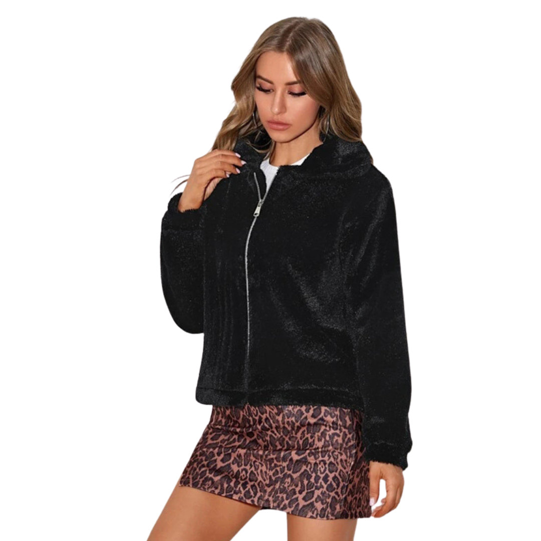 Winter Jacket Black faux rabbit fur lapel Warm