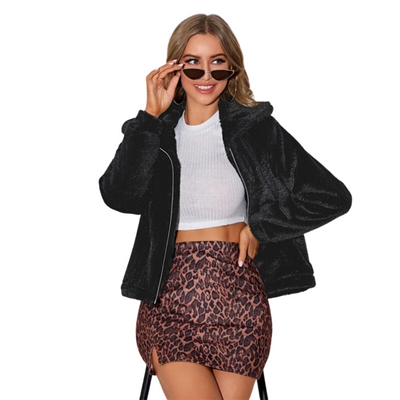 Winter Jacket Black faux rabbit fur lapel Warm