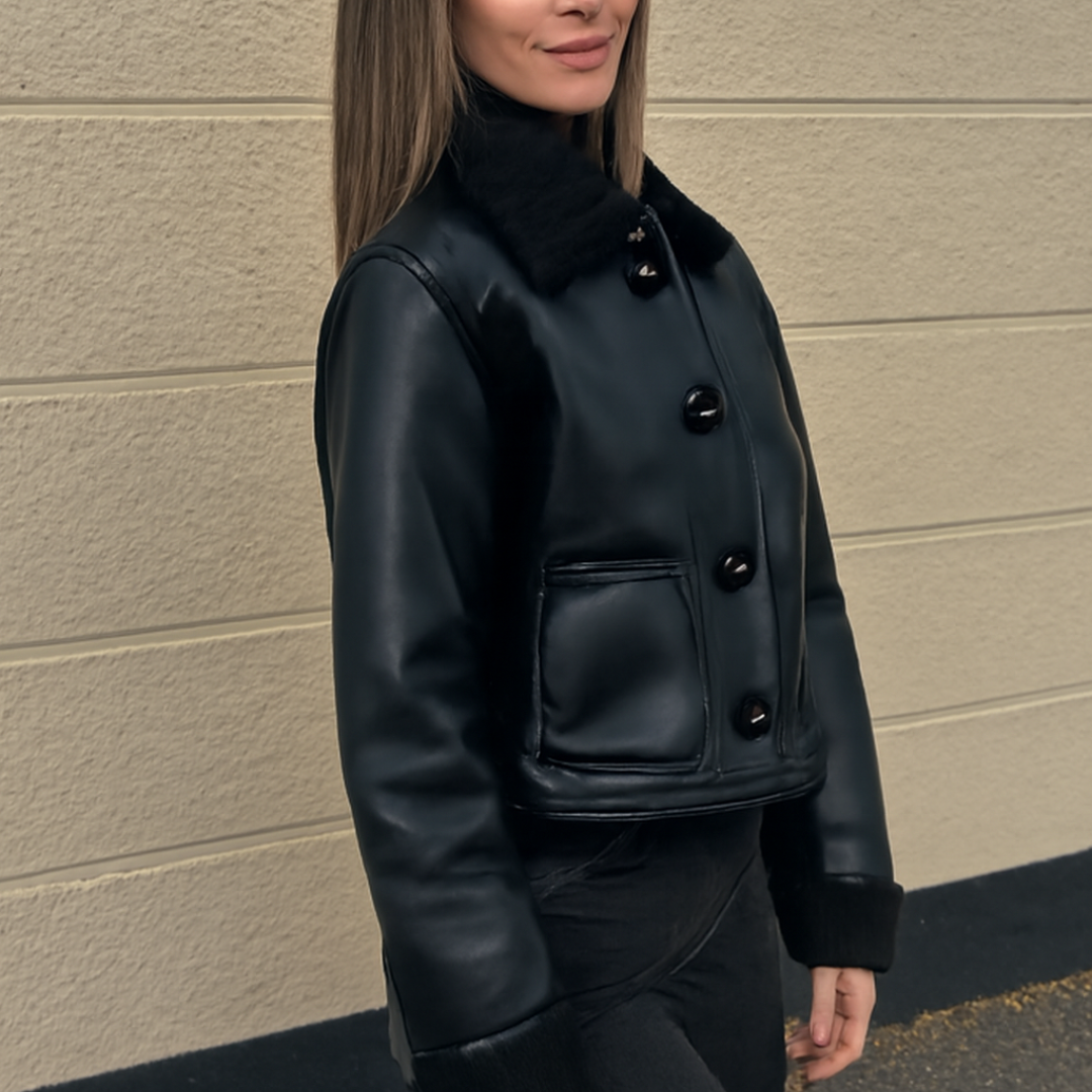 Fashion Winter Jacket Black Leather Short Plush High