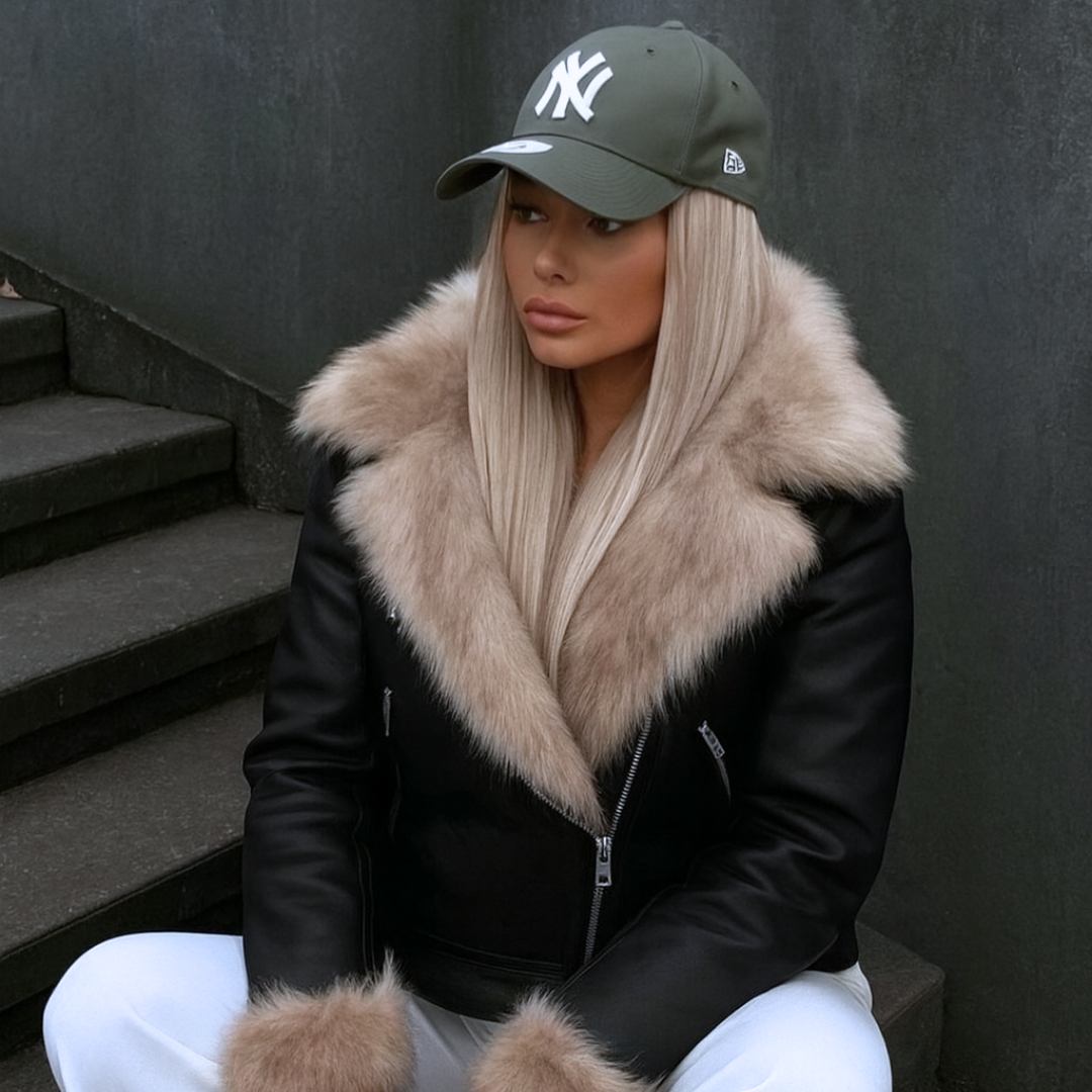 Winter Jacket Black Fur Motorcycle Warm