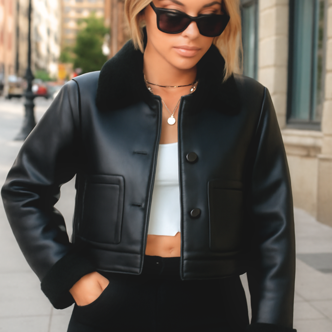 Fashion Winter Jacket Black Leather Short Plush High