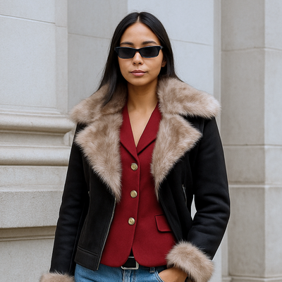 Winter Jacket Black Fur Motorcycle Warm