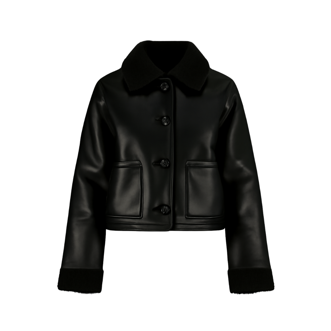 Fashion Winter Jacket Black Leather Short Plush High