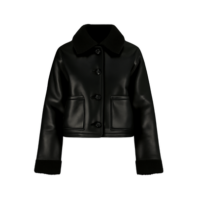 Fashion Winter Jacket Black Leather Short Plush High